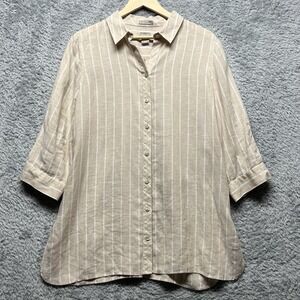 Chicos Fresh Chic No Iron Linen Tunic Top Size 2 US 12/14 Beige White Stripe